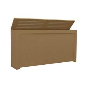 May include: A brown wooden storage chest with a hinged lid. The lid is open and has a slatted design.