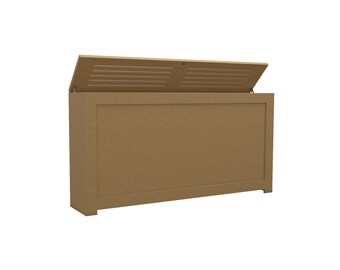 May include: A brown wooden storage chest with a hinged lid. The lid is open and has a slatted design.