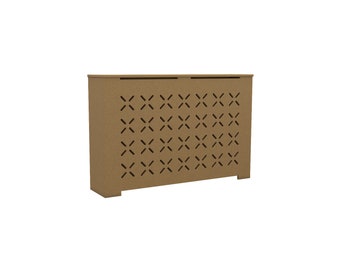 May include: A rectangular, light brown radiator cover with a flat top and a series of cross-shaped cutouts on the front panel. The cover has a simple, modern design and is made of a solid material.