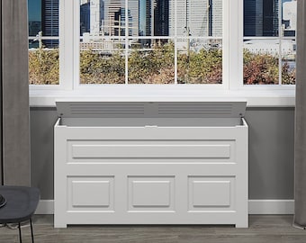 Modern PTAC Cover NYC Cabinet, Top Cover Equipped with Hinges for Easy Access, Depth 10", White Finish, Customizable Options Available