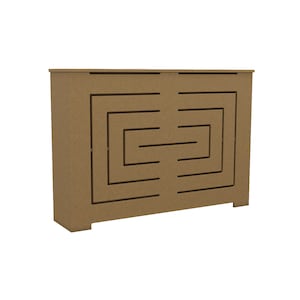 May include: A brown wooden radiator cover with a geometric design. The cover has a rectangular shape and is made of wood with a natural finish.