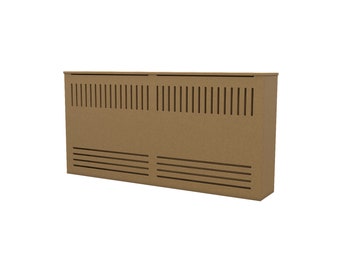 May include: A brown wooden radiator cover with a slatted design. The cover has a rectangular shape and is made of wood.