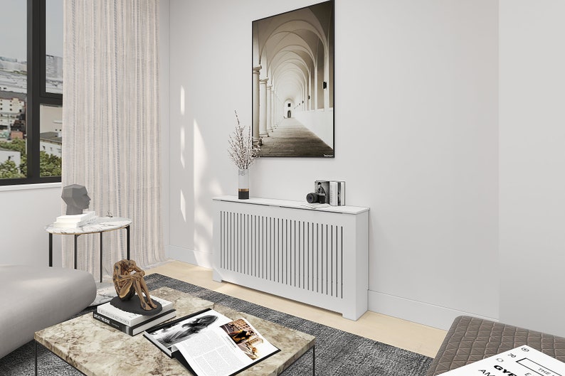 AURORA Modern Heat Cover Cabinet, High Quality Medex Wood Radiator Cover, Depth 10 inches, White Finish, Custom Sizes Options Available image 4