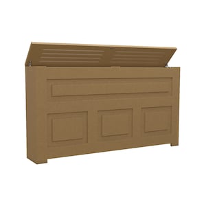 May include: A brown wooden storage box with a hinged lid and a decorative panel on the front. The lid is open, revealing the interior of the box.