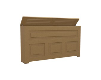 May include: A brown wooden storage box with a hinged lid and a decorative panel on the front. The lid is open, revealing the interior of the box.