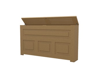 May include: A brown wooden storage box with a hinged lid and a decorative panel on the front. The lid is open, revealing the interior of the box.