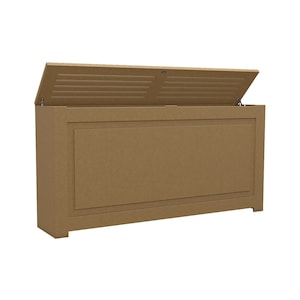 May include: A brown wooden storage chest with a hinged lid that is open. The chest has a simple design with a raised panel on the front.