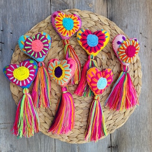 Hand Embroidered Heart Tassel, Felt  Heart Tassel, Mexican Embroidered Tassel, Tassel Charm, Heart Charm Tassel, Tassel for bag
