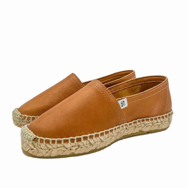 Women's Leather Flat Espadrilles in Cognac Brown, Made in France, Women’s Footwear