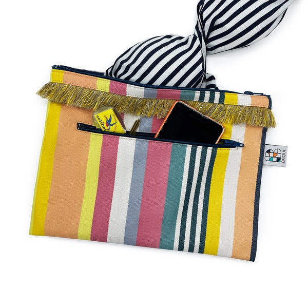 Striped Wet-Dry Travel Pouch for the beach with zip closure & front pocket, cosmetic bag, toiletry kit, summer clutch purse. Made in France