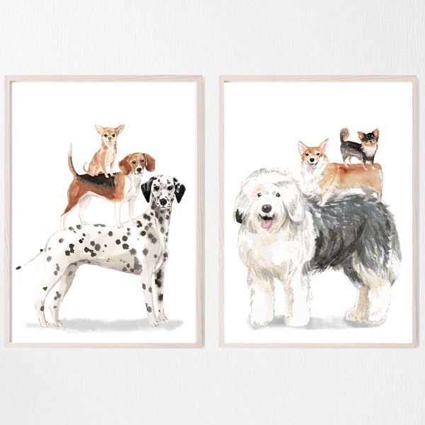 Stapel honden set van 2, aquarel hond kwekerij decor, puppy kwekerij decor, grappige hond prints, aquarel hond prints, unieke kwekerij kunst aan de muur