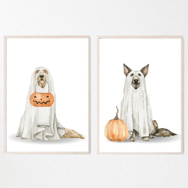 Halloween Ghost Dogs Wall Art Set of 2, Autumn Art Prints, Dog Costume, Fall Home Decor, Halloween Prints, Fall Prints, Dog Lover - Shipped