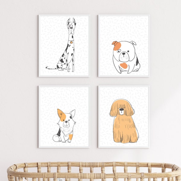 Cartoon Dog Art Prints Set of 4, Dog Illustrations, Kid's Bedroom Decor, Dog Themed Nursery Art Prints, Boy's Bedroom , DIGITAL DOWNLOAD