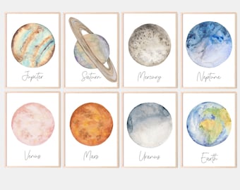 Watercolor Planet Print Set of 9, Space Nursery Decor Planet Prints, Solar System Wall Art, Outer Space Themed Nursery Art DIGITAL DOWNLOAD