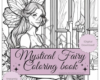 May include: A black and white line art illustration of a fairy with wings, sitting at a table with candles. The text "Mystical Fairy Coloring Book" is written in a purple banner at the bottom of the image.