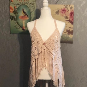 Hand Stitched Crochet Fringe Tank Top: Boho Beach Cover Up