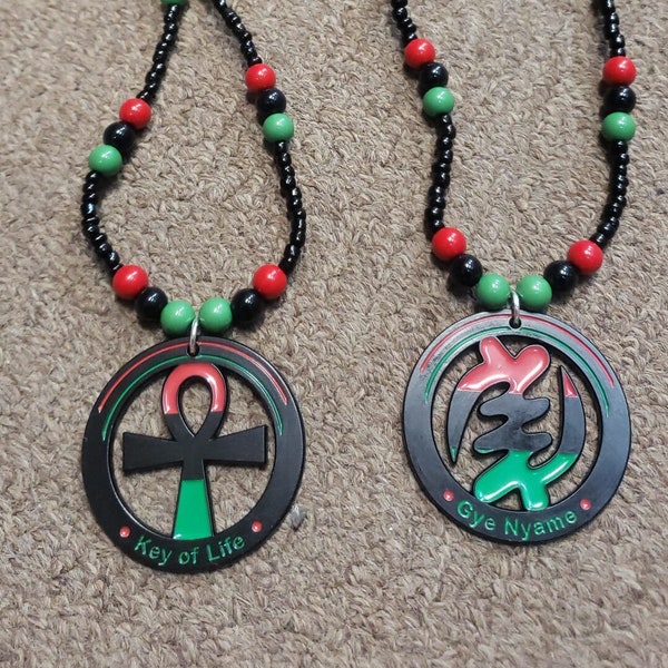 Red Black Green Beaded Necklaces -  Pan African - Ankh - Gye Nyame