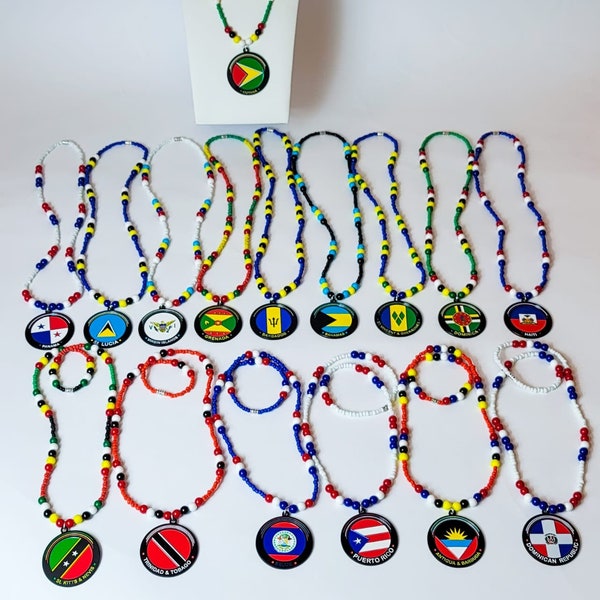 Caribbean Flag Metal Necklaces - Antigua - Bahamas - Barbados - Belize - Dominica - Dominican Republic - Grenada - Guyana - Haiti