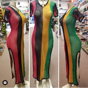 Women's Rasta mesh Dress - Rihanna Fishnet beach cover up - Jamaica