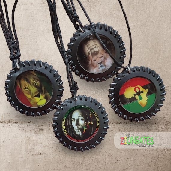 Rasta Necklaces With Leather Medallions - Lion - RBG Africa Ankh