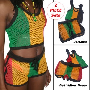 Women's 2 piece Mesh Short set - Rasta - Red Yellow and Green - Jamaica - Beach cover up