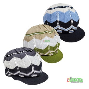 May include: Three knitted hats with a chevron pattern. The hats are in blue, green, and gray with white accents. Each hat has a brim.