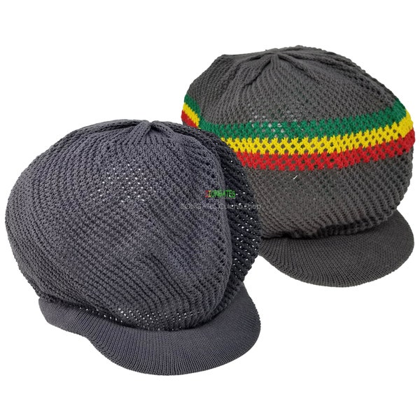 RH035-7 Medium Grey MESH crown Rastafarian Crown AKA rasta hats tams dread locks cap with red yellow green stripes