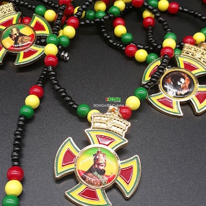 Haile Selassie Beaded Necklaces with metal cross - Rasta