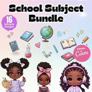 Lil Scholar School Subject Notebook Covers | 16 Editable African American Girl Composition Book Templates | Canva Digital Download