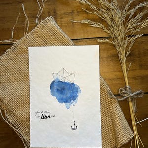 Grußkarte 'boot' mit Umschlag | handgemalt, Unikat, Karte, Aquarell, Lettering, Boot, maritim, blau, minimalistisch
