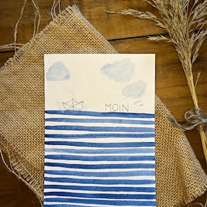 Grusskarte 'maritim' mit Umschlag | handgemalt, Unikat, Karte, Aquarell, Lettering, Boot, maritim, blau, minimalistisch