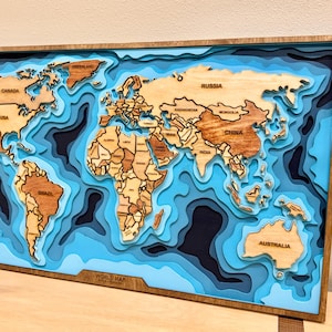 Art mural carte du monde 3D en couches de bois 14 x 23