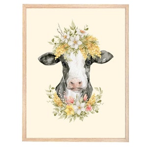 Cow Printable Wall Art, Cow with Flowers Digital Print, Country Decor