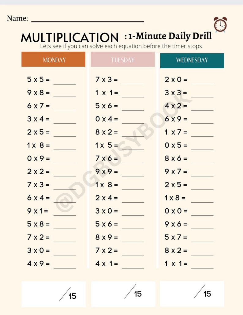 Puede incluir: Una hoja de trabajo para practicar las tablas de multiplicar. La p&aacute;gina est&aacute; dividida en tres secciones, etiquetadas como Lunes, Martes y Mi&eacute;rcoles, cada una con 15 problemas de multiplicaci&oacute;n. El t&iacute;tulo dice "MULTIPLICATION : 1-Minute Daily Drill".