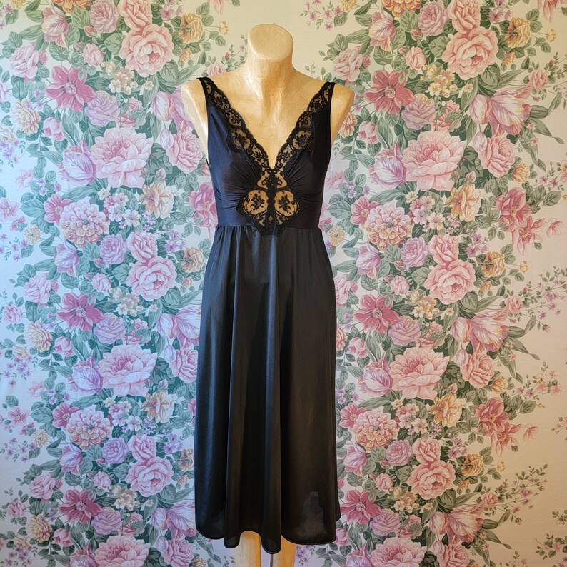 Vintage Black Olga Nightgown // 1980's Lace Peek-a-boo | Etsy