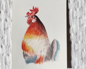 Piccolo acquerello originale di un pollo. Acquerello fatto a mano. Disegno animale. Animale da fattoria. Nessuna stampa. Pezzo originale.