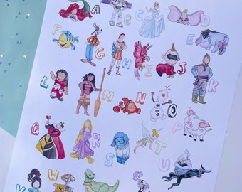 Watercolor Disney ABC Alphabet painting poster, faceless watercolor nursery playroom decor