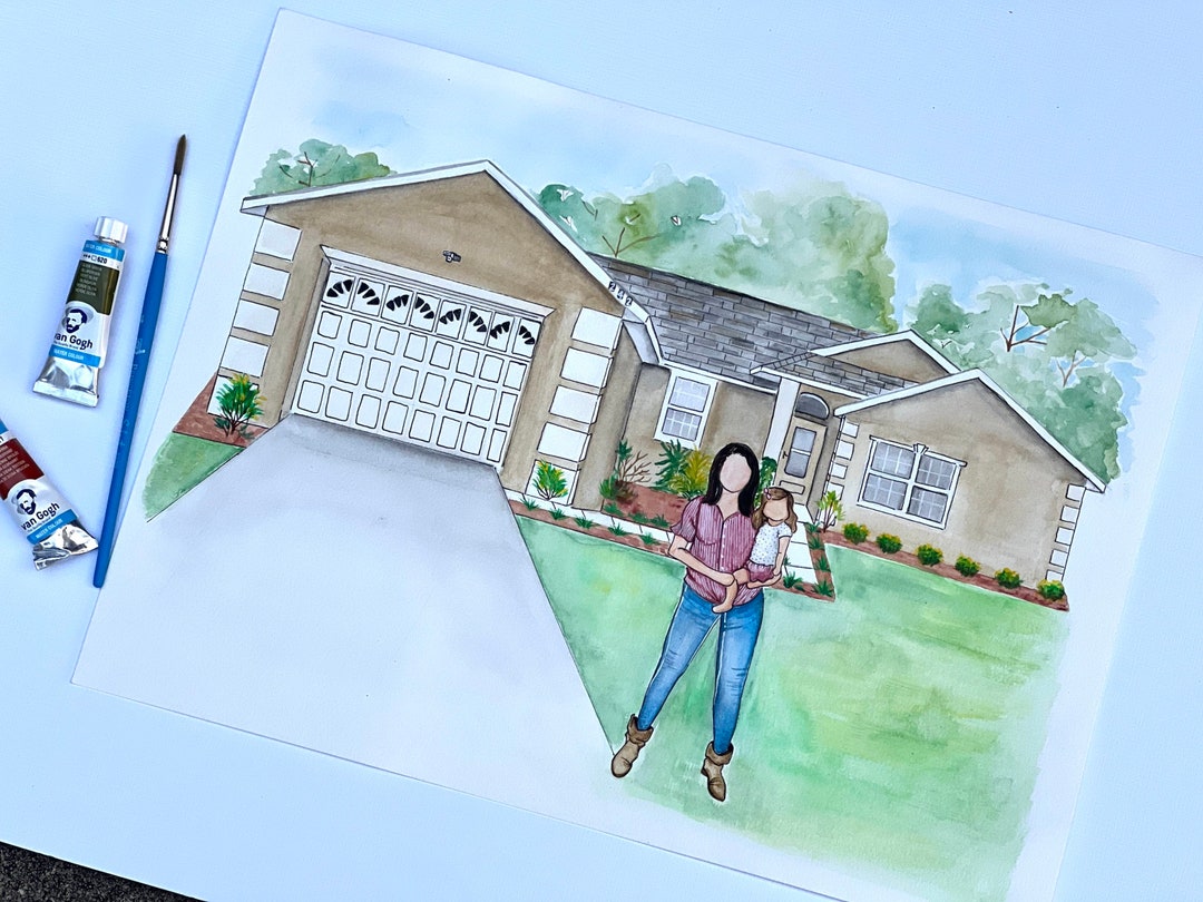 Custom House Watercolor Portrait, Custom Faceless Watercolor Family ...