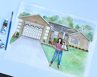 Custom House Watercolor Portrait, Custom Faceless Watercolor Family Painting