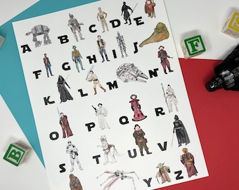 11x14 alphabet galaxy movie characters, baby nursery decor, kid decor, abc poster