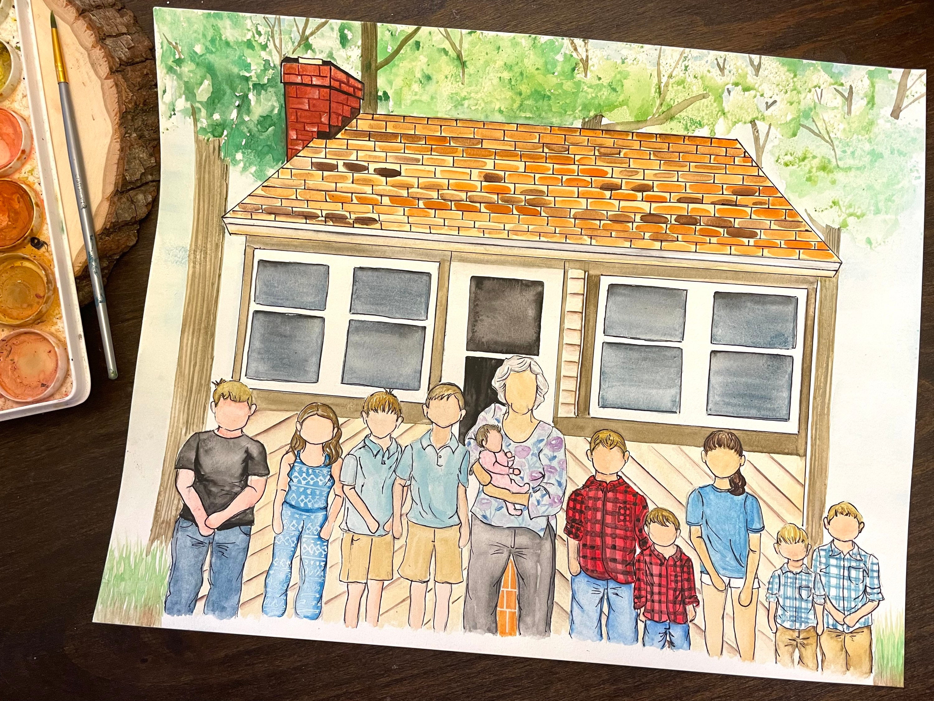 Custom House Watercolor Portrait, Custom Faceless Watercolor Family ...