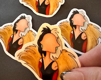 3 in. faceless hand-painted acrylic waterproof glossy vinyl sticker, water bottle sticker, laptop sticker, Halloween sticker, Cruella De Vil