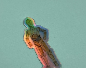 Holographic galaxy robot waterproof vinyl sticker. Hand painted watercolor style sticker shiny gold sticker