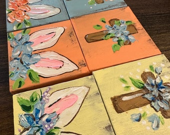 Easter home decor, small canvas painting, 4x4, textured painting cross or bunny ears, religious artwork