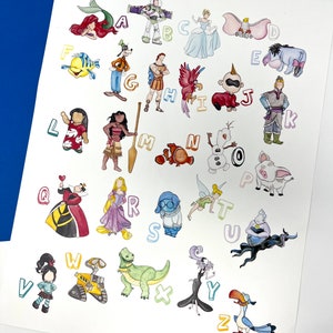 Disney Character Watercolor Alphabet Poster, Disney ABC Painting, Disney Nursery Art, Playroom Art