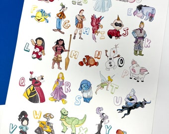 Póster del alfabeto de acuarela de personajes de Disney, Pintura