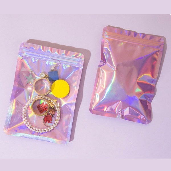 Purple Pink Zip Lock Bags, Laser Self-sealing Bag, Mylar Zipper Bag, Transparent Pink Gift Bags, Iridescent Holographic Packaging Bags