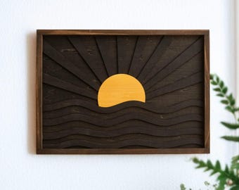 Sunrise Over Waves Wood Wall Art - Minimalist Plywood Wall Decor - Rustic Modern Wooden Sunset Artwork - Handmade Wall Hanging Y60