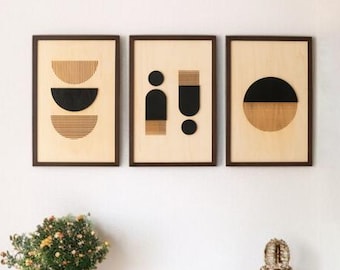 Conjunto de arte de pared minimalista de madera, decoración geométrica abstracta moderna para sala de estar, paneles de madera estilo bohemio Y62