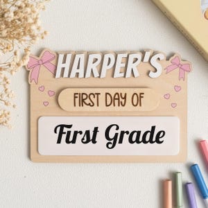 Personalized First Day of School Sign for Girls, Custom Name Wooden Photo Prop, Back to School Board with Flowers or Bows